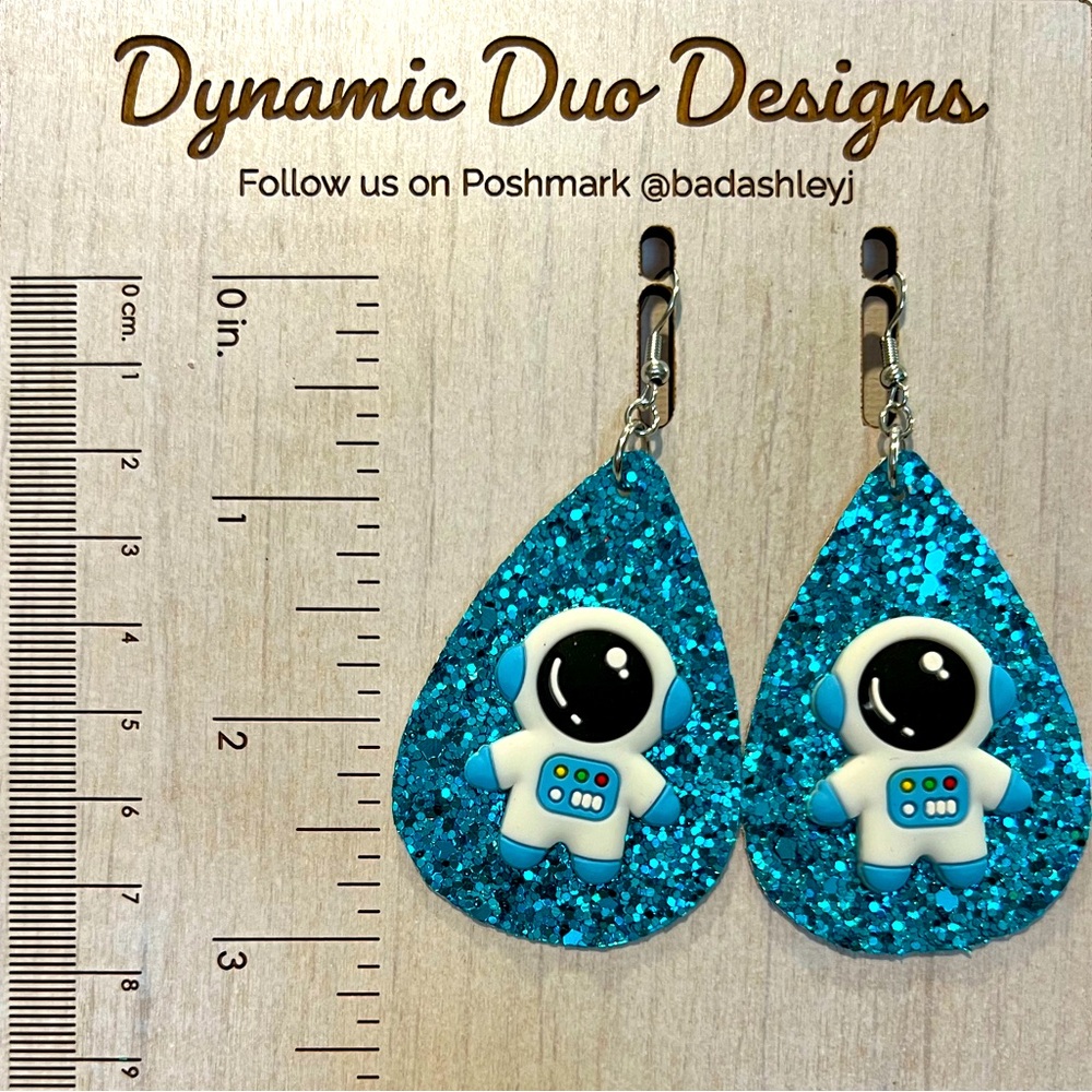 Astronaut Blue glitter faux leather earrings